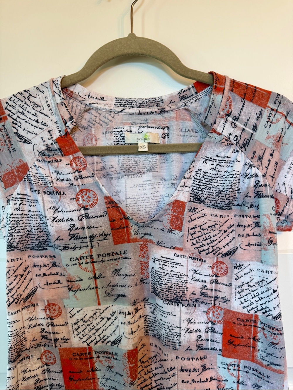 Anthropologie Porridge Women's V-Neck Short Sleeve Top - Stamp Postcard Print